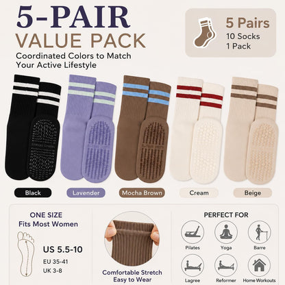 5 Pairs Pilates Grip Socks for Women, Full-Sole Silicone Grips and Ribbed Cuffs for Pilates, Barre, Yoga and Home Workouts.