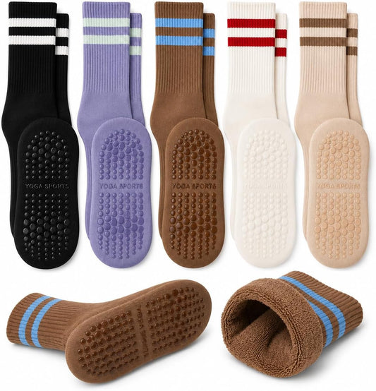 5 Pairs Pilates Grip Socks for Women, Full-Sole Silicone Grips and Ribbed Cuffs for Pilates, Barre, Yoga and Home Workouts.