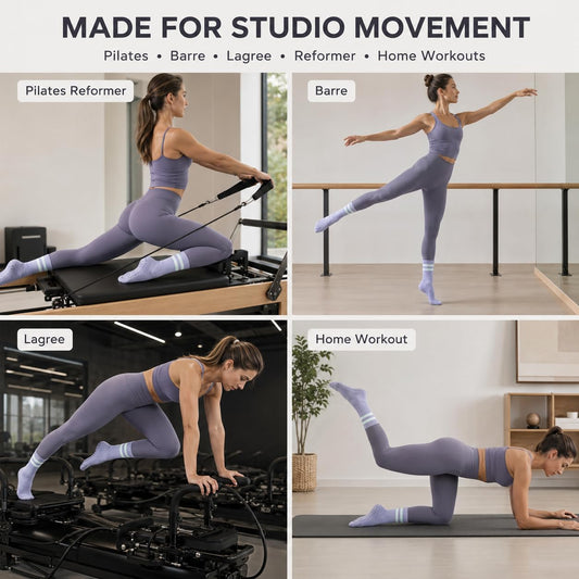 5 Pairs Pilates Grip Socks for Women, Full-Sole Silicone Grips and Ribbed Cuffs for Pilates, Barre, Yoga and Home Workouts.